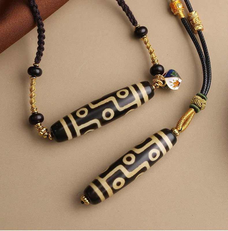 Tibetan Three-Eyed Dzi Pendant | Silver Mantra Necklace for