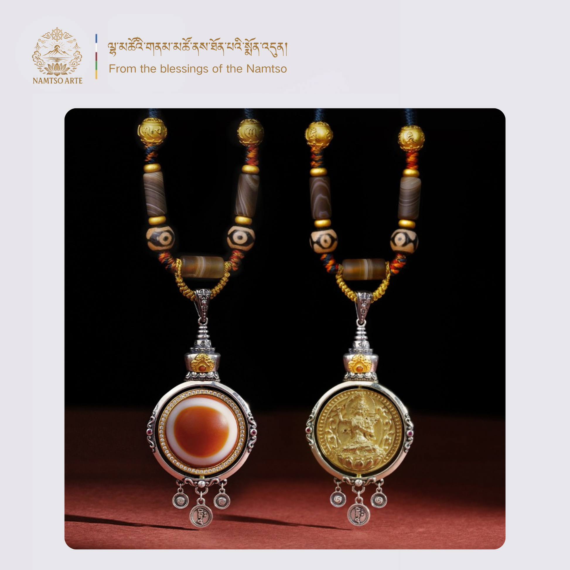 Front and back view of Tibetan Dzi pendant necklace featuring eye bead and gold mantra medallion