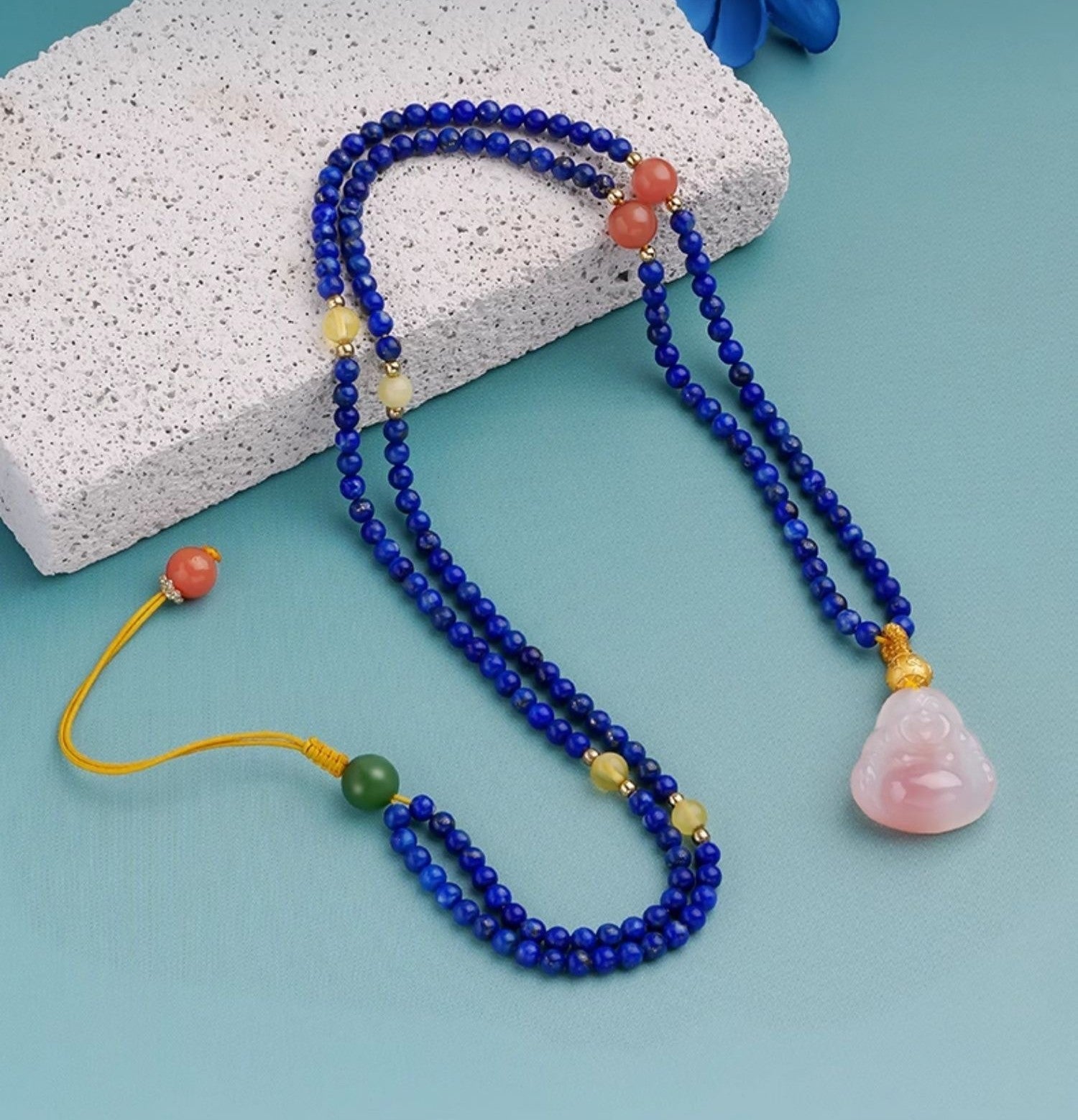 Lapis lazuli necklace six - character mantra, lucky beads, Tibetan - style agate carving, pendant, multi - loop bracelet necklace in 3mm | Handmade Tibetan by Namtso Arte