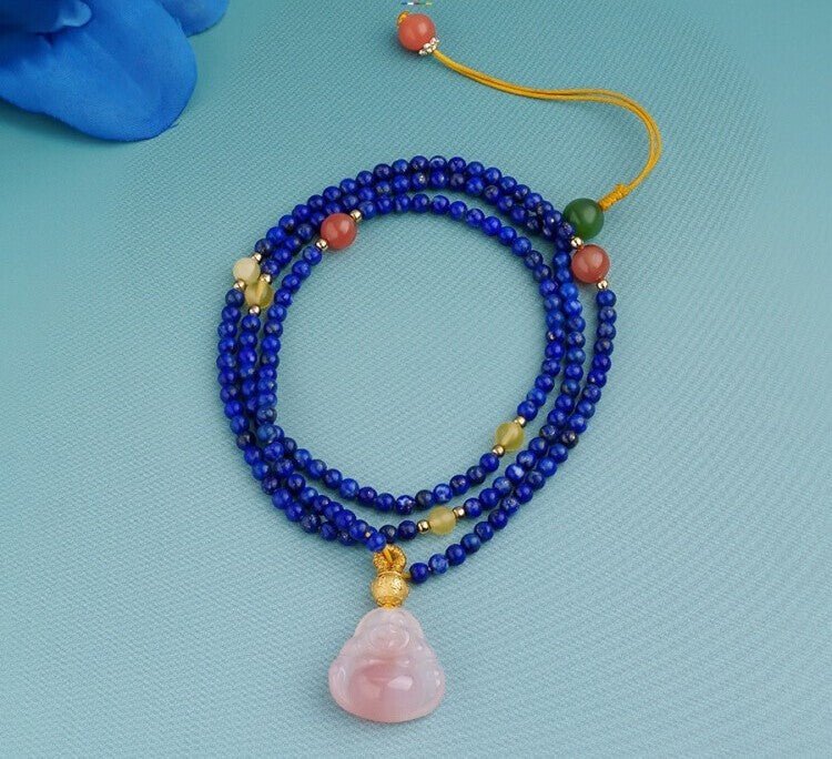 Lapis lazuli necklace six - character mantra, lucky beads, Tibetan - style agate carving, pendant, multi - loop bracelet necklace in 3mm | Handmade Tibetan by Namtso Arte