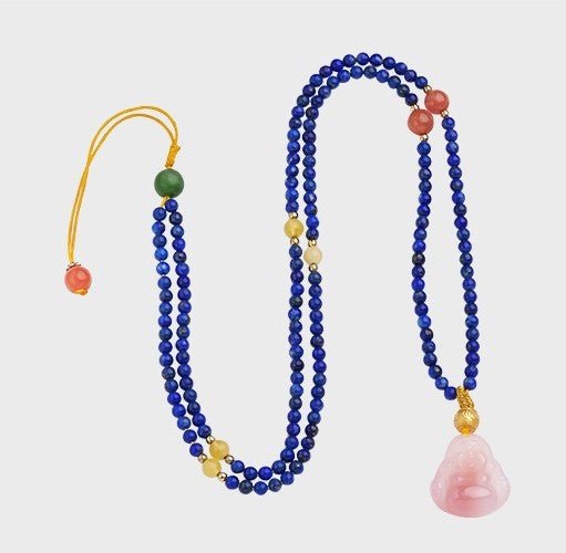 Lapis lazuli necklace six - character mantra, lucky beads, Tibetan - style agate carving, pendant, multi - loop bracelet necklace in 3mm | Handmade Tibetan by Namtso Arte