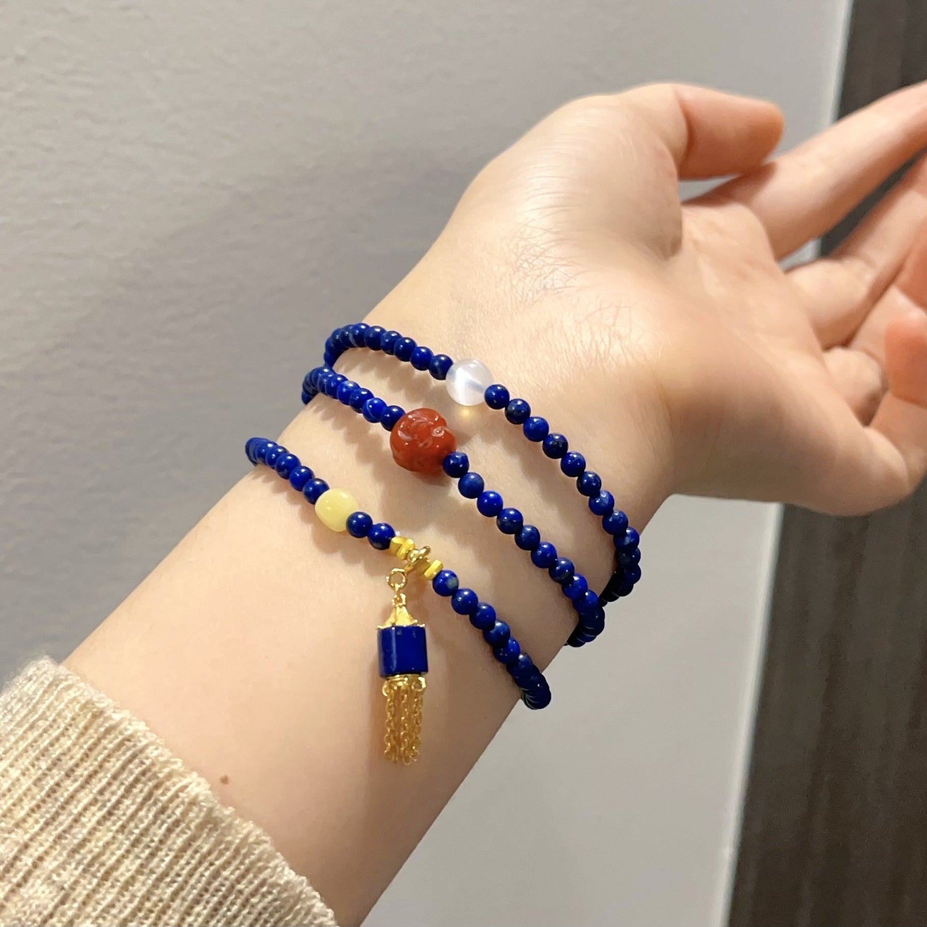 Natural lapis lazuli bracelet.necklace .with a south red Buddha's head in | Handmade Tibetan by Namtso Arte