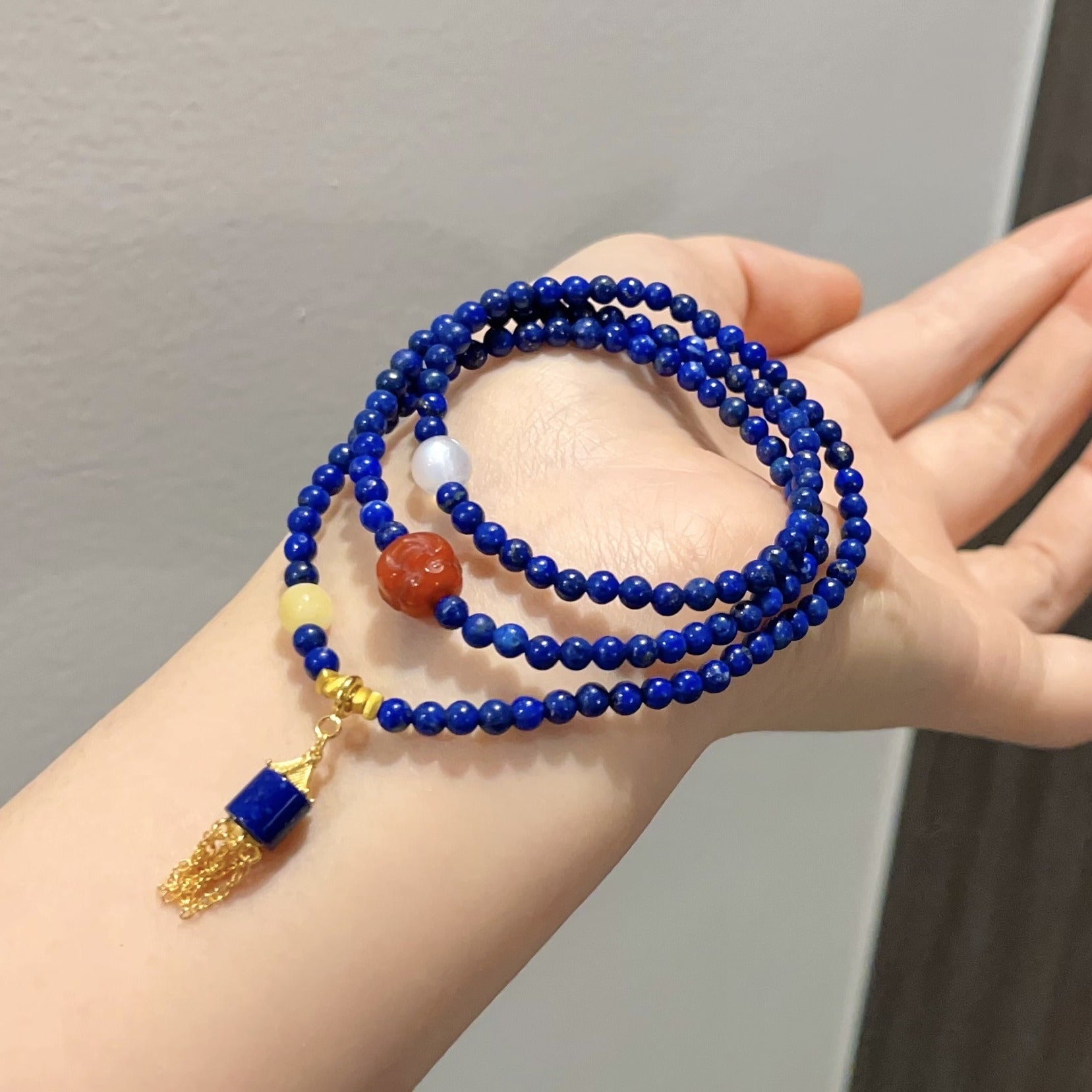 Natural lapis lazuli bracelet.necklace .with a south red Buddha's head in | Handmade Tibetan by Namtso Arte