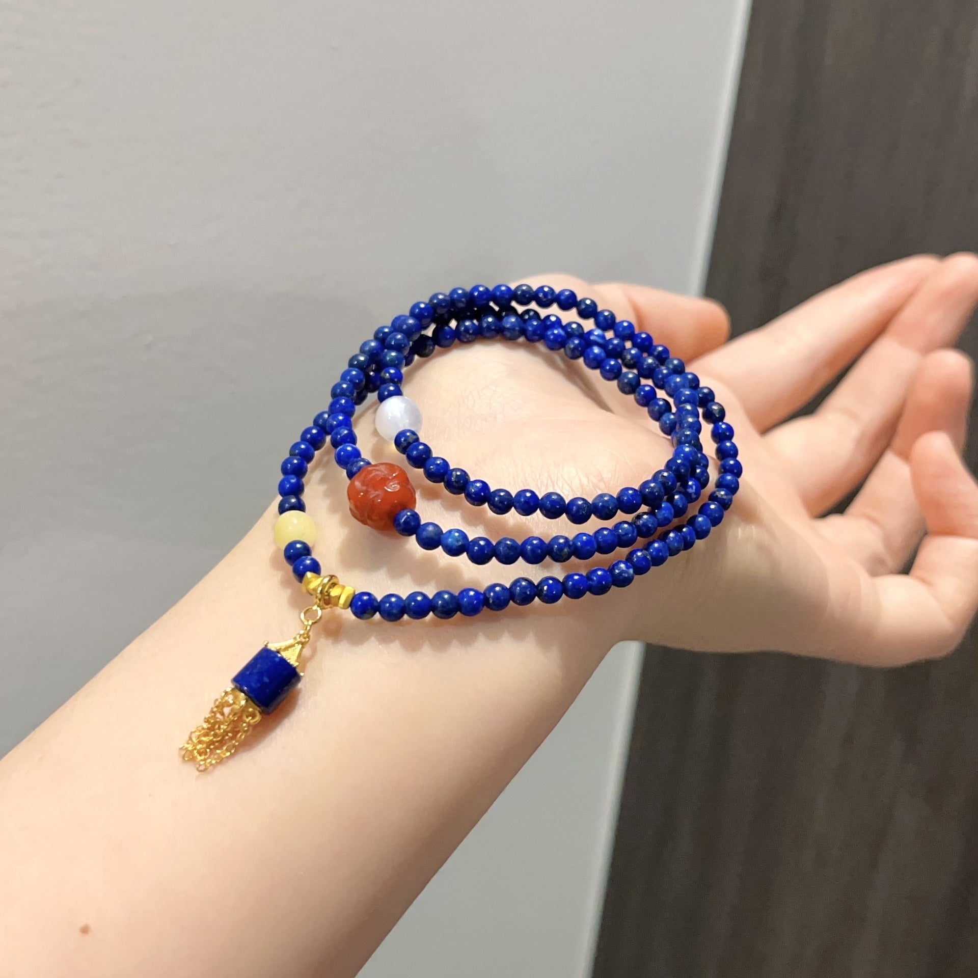 Natural lapis lazuli bracelet.necklace .with a south red Buddha's head in | Handmade Tibetan by Namtso Arte