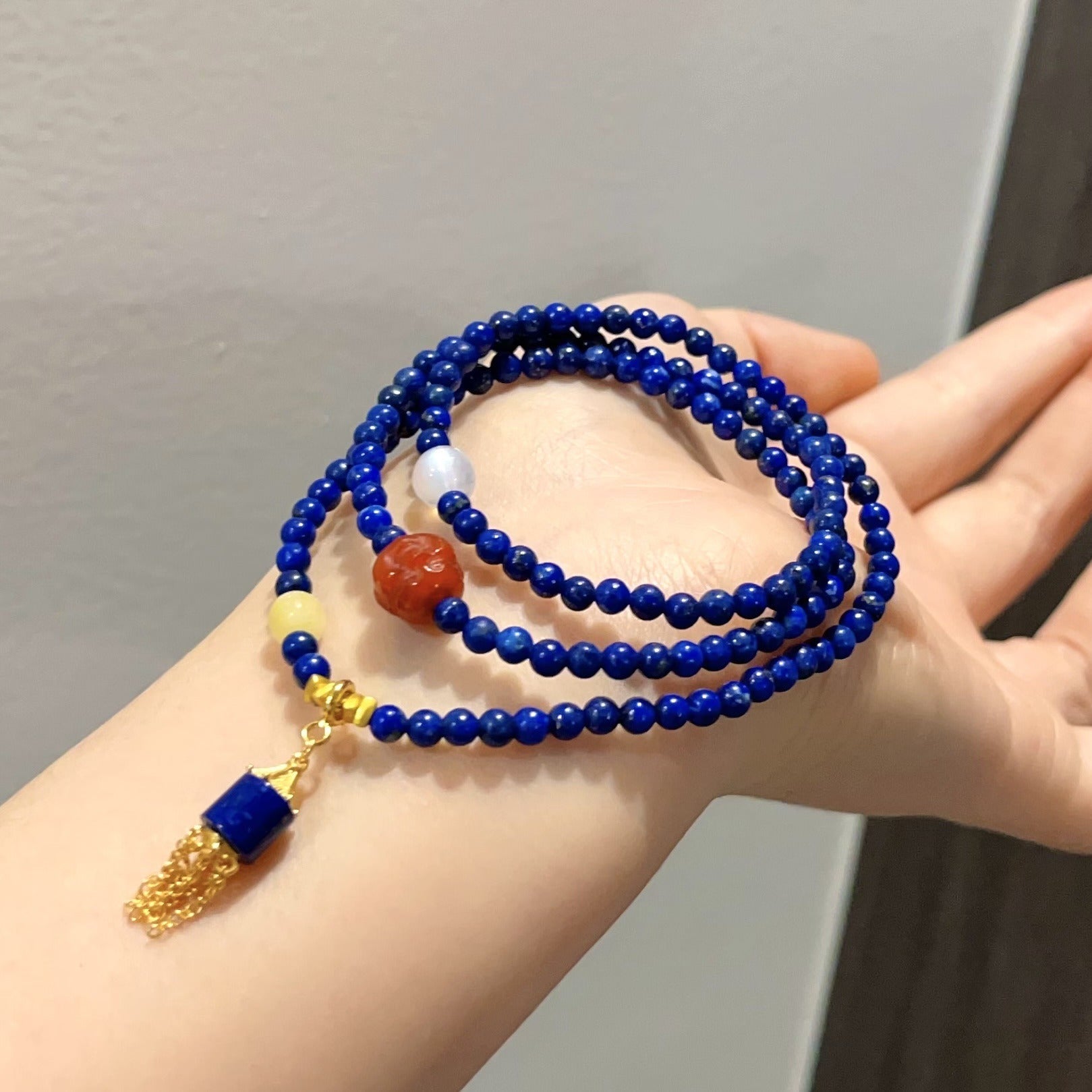 Natural lapis lazuli bracelet.necklace .with a south red Buddha's head in | Handmade Tibetan by Namtso Arte