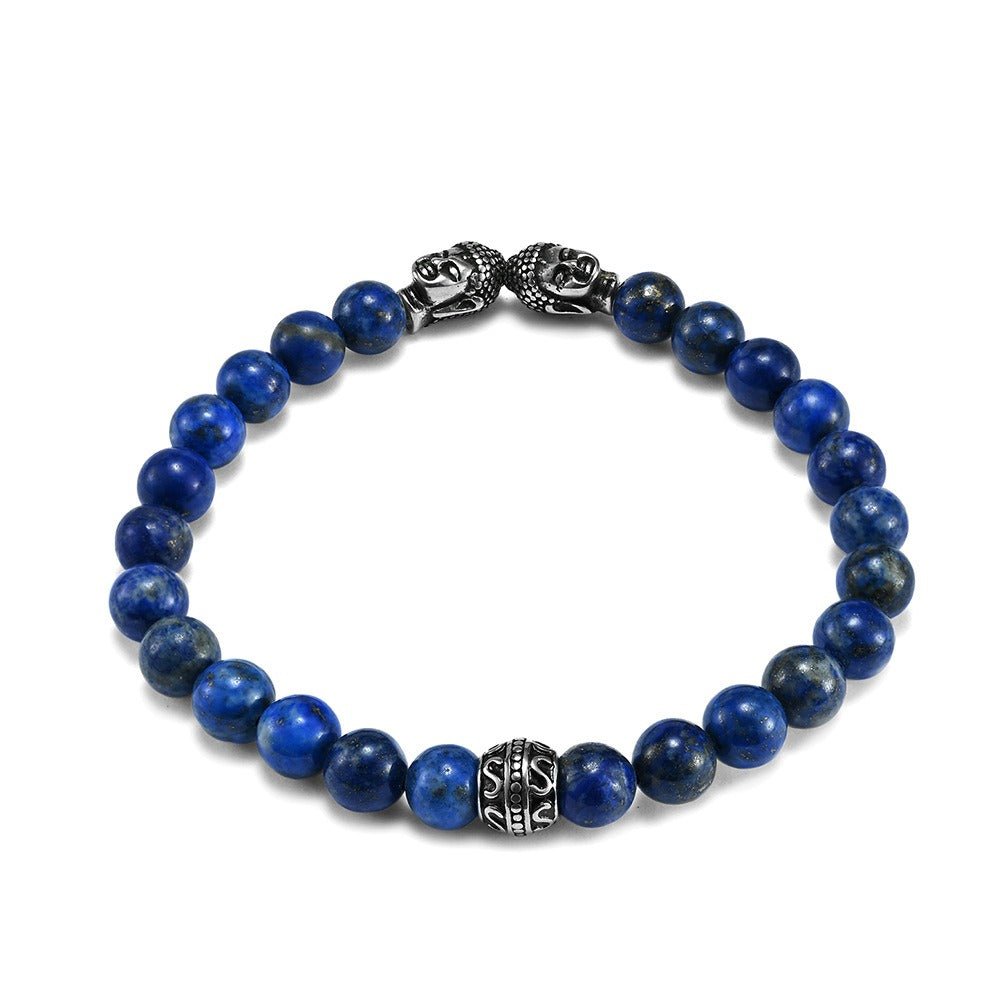 New men's Buddhist head lapis lazuli beaded bracelet for good fortune in S 6.75 - 8 inch | Handmade Tibetan by Namtso Arte