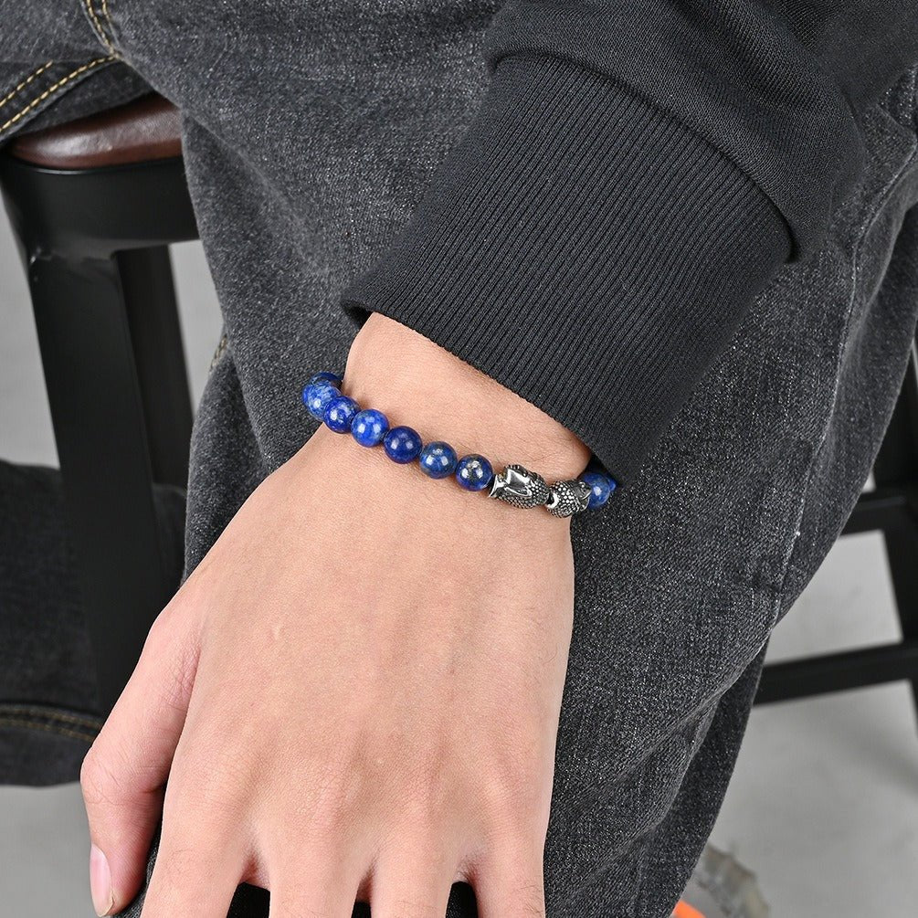 New men's Buddhist head lapis lazuli beaded bracelet for good fortune in S 6.75 - 8 inch | Handmade Tibetan by Namtso Arte