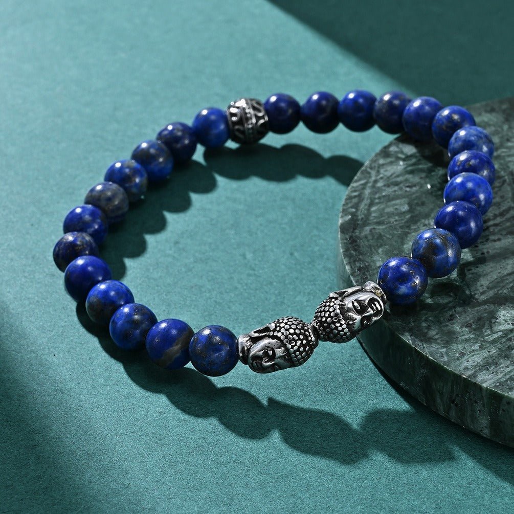 New men's Buddhist head lapis lazuli beaded bracelet for good fortune in S 6.75 - 8 inch | Handmade Tibetan by Namtso Arte