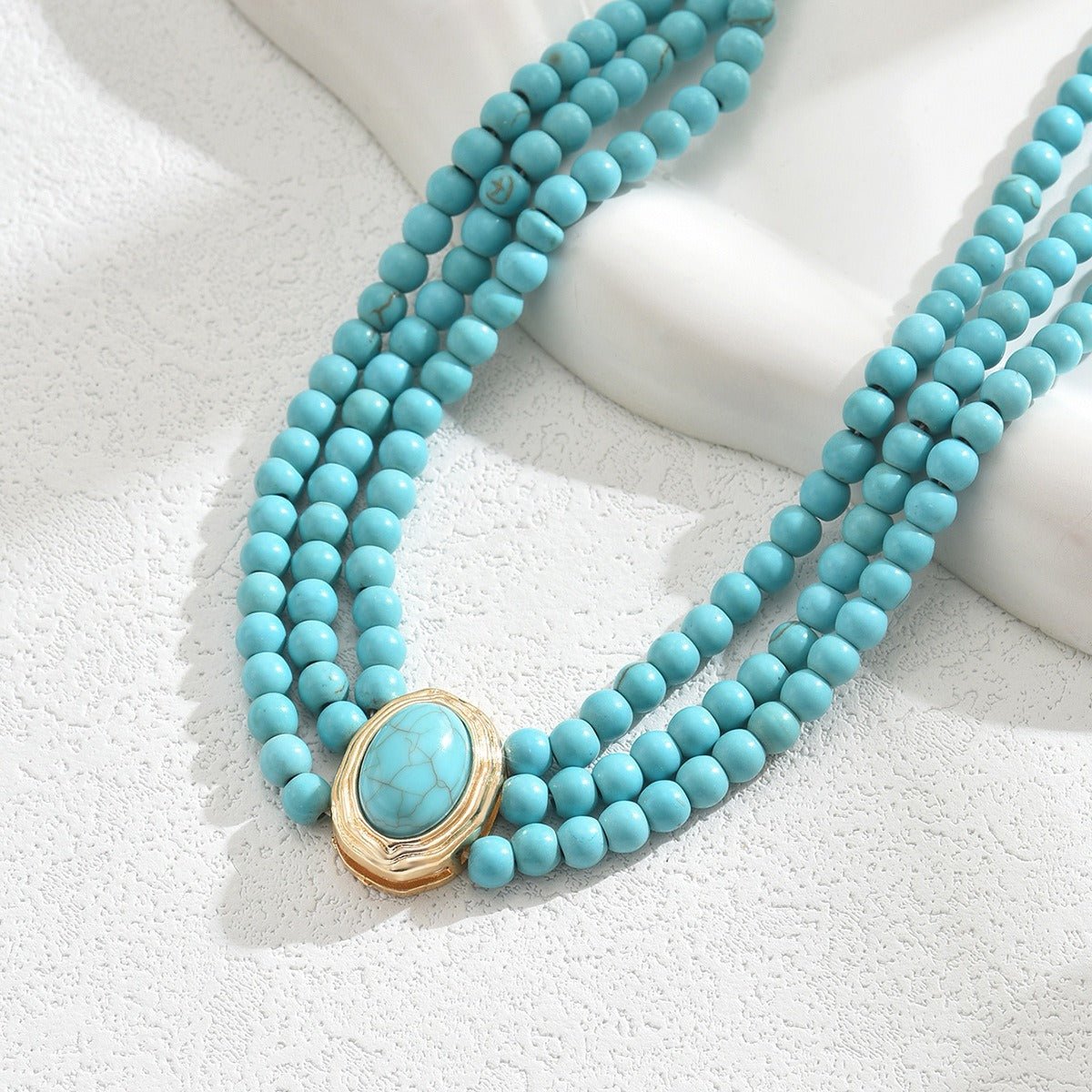 Retro geometric beaded necklace with turquoise multi - layer design and long collarbone chain in | Handmade Tibetan by Namtso Arte