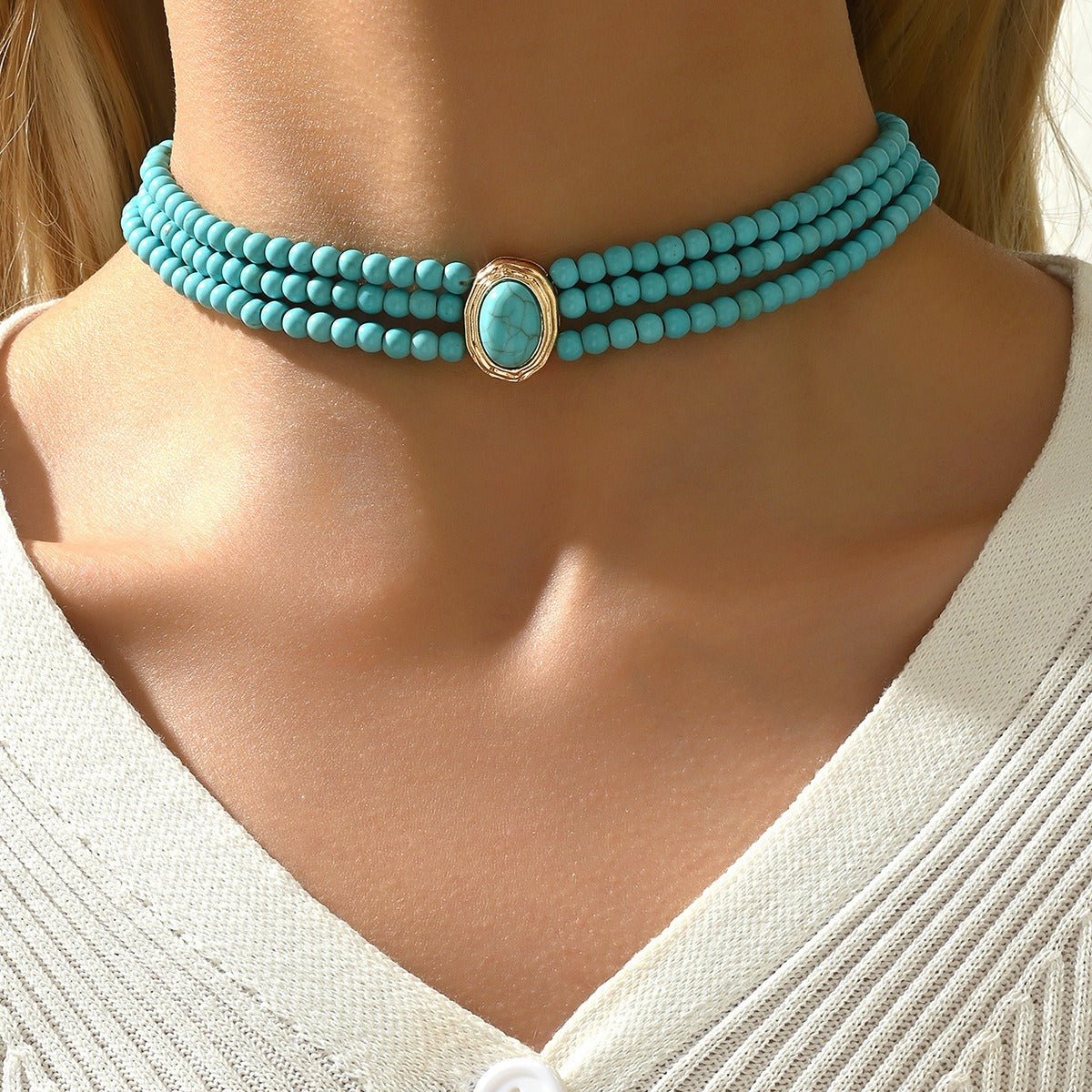 Retro geometric beaded necklace with turquoise multi - layer design and long collarbone chain in | Handmade Tibetan by Namtso Arte