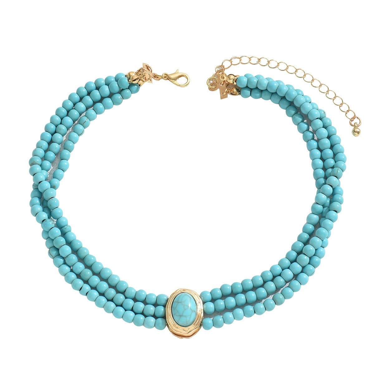 Retro geometric beaded necklace with turquoise multi - layer design and long collarbone chain in | Handmade Tibetan by Namtso Arte