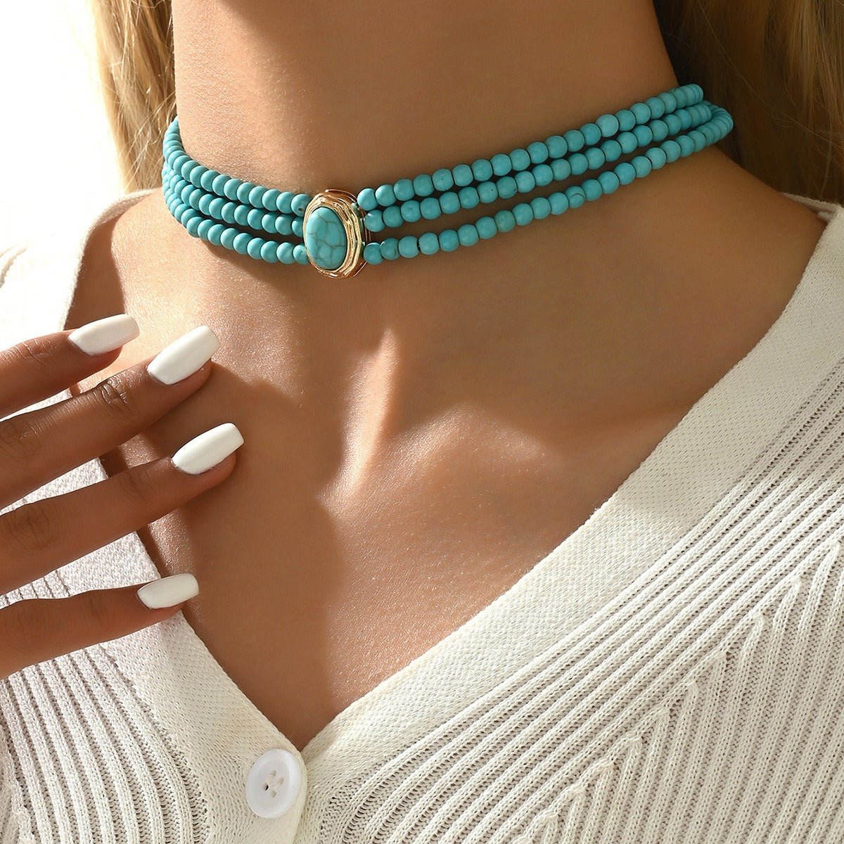 Retro geometric beaded necklace with turquoise multi - layer design and long collarbone chain in | Handmade Tibetan by Namtso Arte
