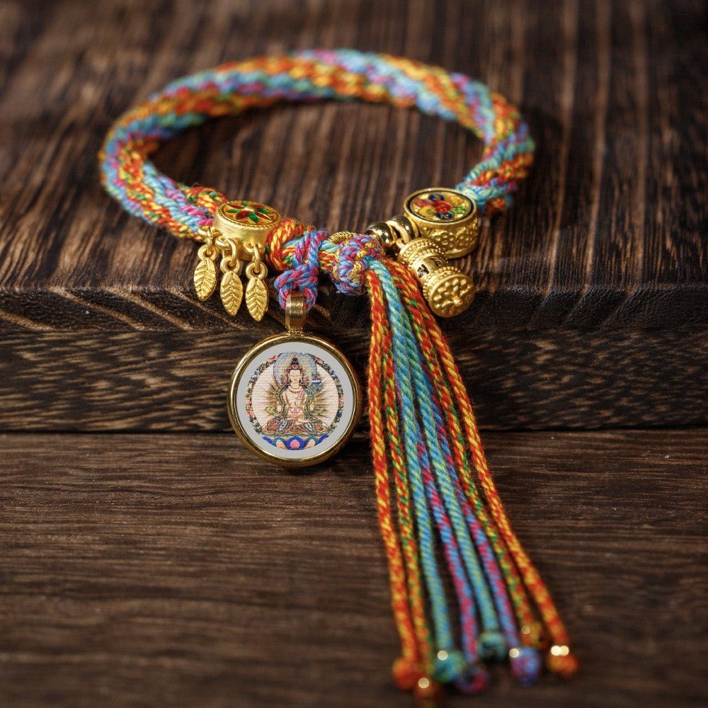 Thangka Tibetan rope bracelet, hand - twisted cotton rope woven bracelet, six - character True Words reincarnation bracelet in Blessing bracelet + Bodhisattva Mahasthamaprapta | Handmade Tibetan bracelet by Namtso Arte