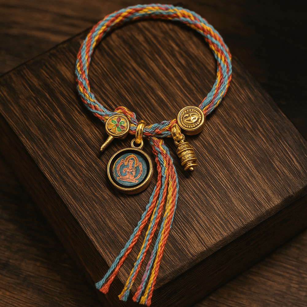 Thangka Tibetan rope bracelet, hand - twisted cotton rope woven bracelet, six - character True Words reincarnation bracelet in Blessing bracelet + God of Wealth | Handmade Tibetan bracelet by Namtso Arte