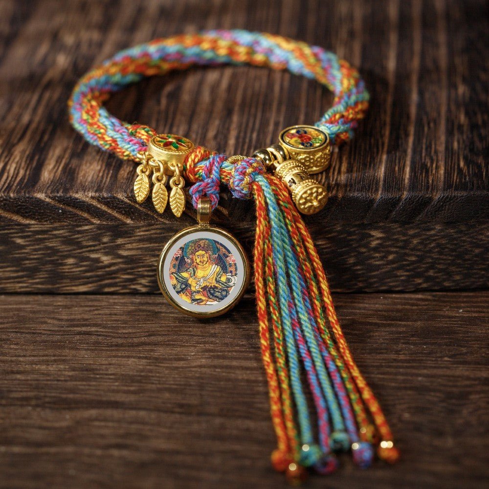 Thangka Tibetan rope bracelet, hand - twisted cotton rope woven bracelet, six - character True Words reincarnation bracelet in Blessing bracelet + God of Wealth | Handmade Tibetan bracelet by Namtso Arte