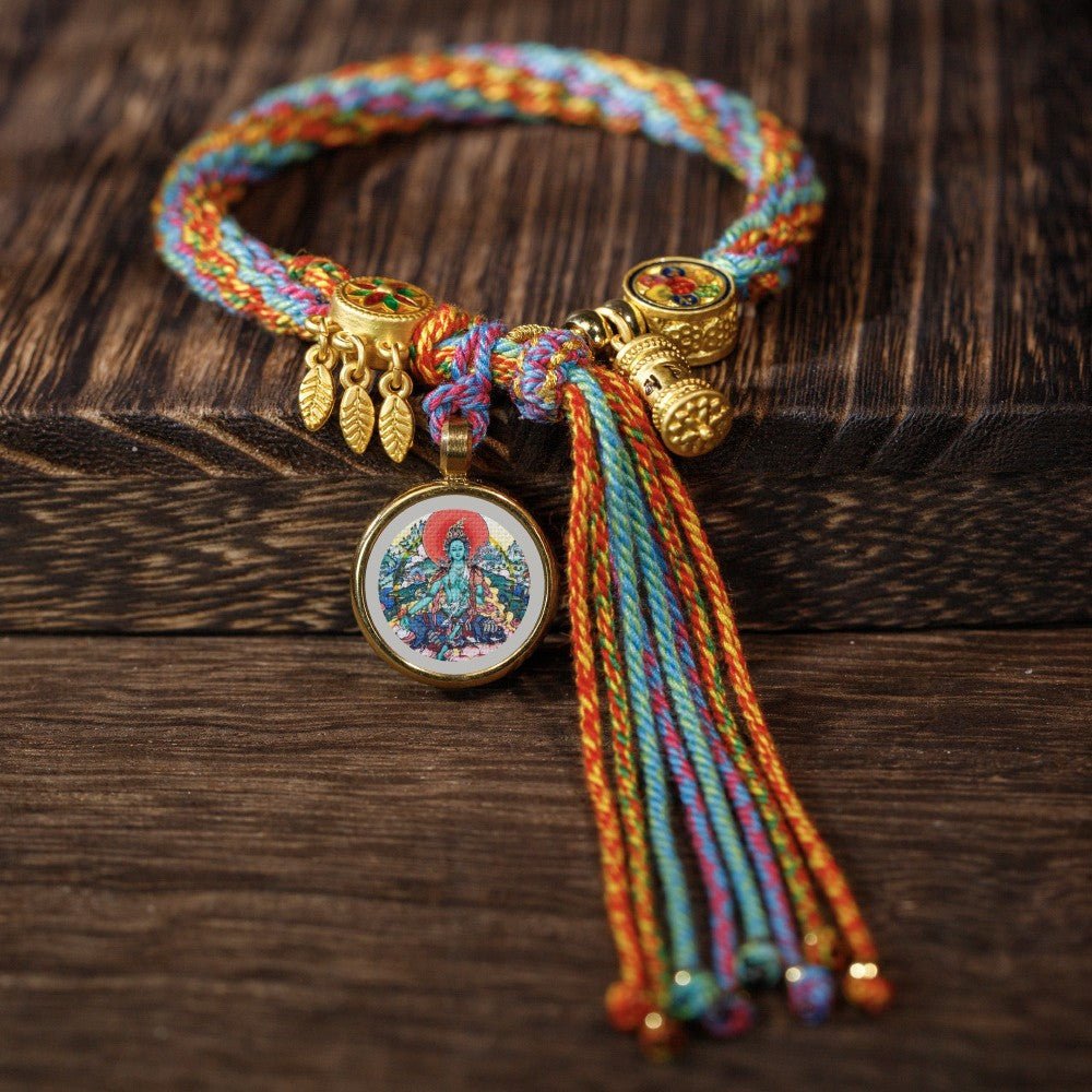 Thangka Tibetan rope bracelet, hand - twisted cotton rope woven bracelet, six - character True Words reincarnation bracelet in Blessing bracelet + Green Tara | Handmade Tibetan bracelet by Namtso Arte