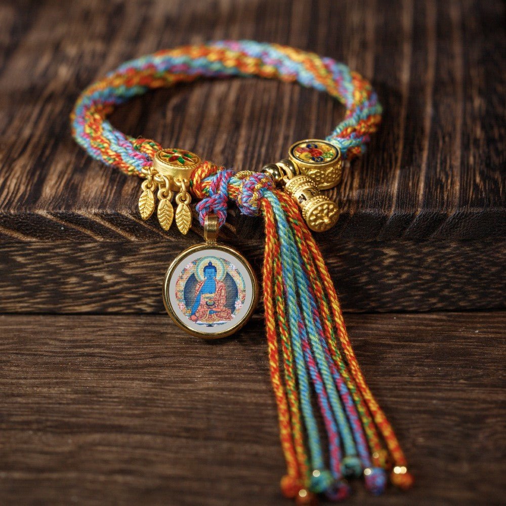 Thangka Tibetan rope bracelet, hand - twisted cotton rope woven bracelet, six - character True Words reincarnation bracelet in Blessing bracelet + Medicine Buddha | Handmade Tibetan bracelet by Namtso Arte