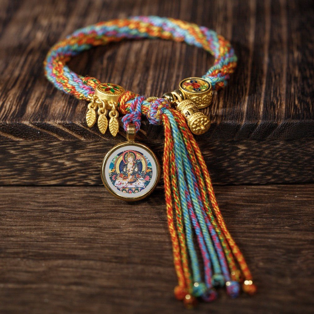 Thangka Tibetan rope bracelet, hand - twisted cotton rope woven bracelet, six - character True Words reincarnation bracelet in Blessing bracelet + Samantabhadra Bodhisattva | Handmade Tibetan bracelet by Namtso Arte
