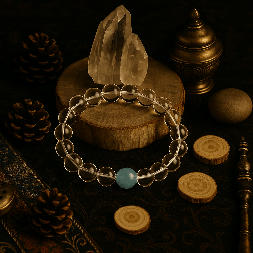 Tibet Himalayan white crystal aquamarine top bead Quartz Clear Healing Bracelet in S 6.75 - 8 inch | Handmade Tibetan bracelet by Namtso Arte