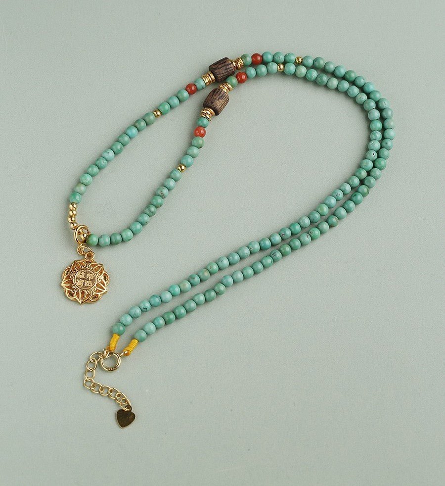 Turquoise agarwood necklace, millet beads, five - color lotus, Tibetan - style simple and niche design pendant in 42cm | Handmade Tibetan by Namtso Arte