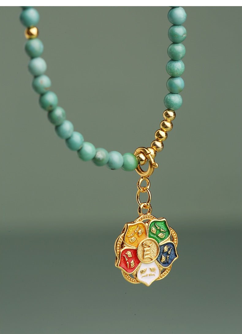 Turquoise agarwood necklace, millet beads, five - color lotus, Tibetan - style simple and niche design pendant in 42cm | Handmade Tibetan by Namtso Arte