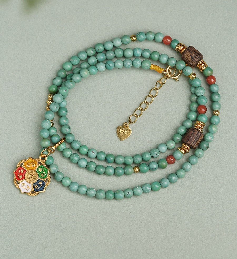 Turquoise agarwood necklace, millet beads, five - color lotus, Tibetan - style simple and niche design pendant in 42cm | Handmade Tibetan by Namtso Arte
