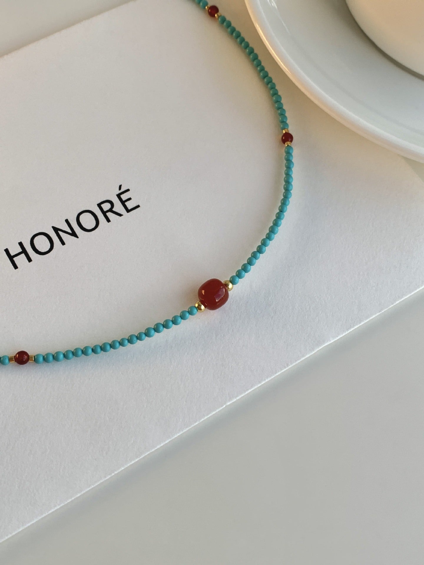 Turquoise and red agate beaded necklace in 41cm - 50cm | Handmade Tibetan by Namtso Arte